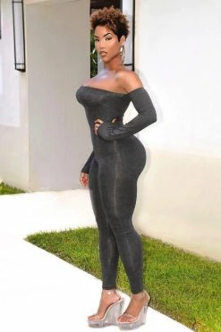 Fashion Nova Soothe Off Shoulder Jumpsuit - Charcoal