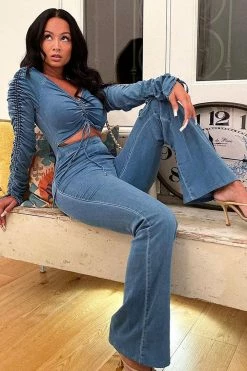 Fashion Nova Spill The Tea Denim Jumpsuit - Medium Wash